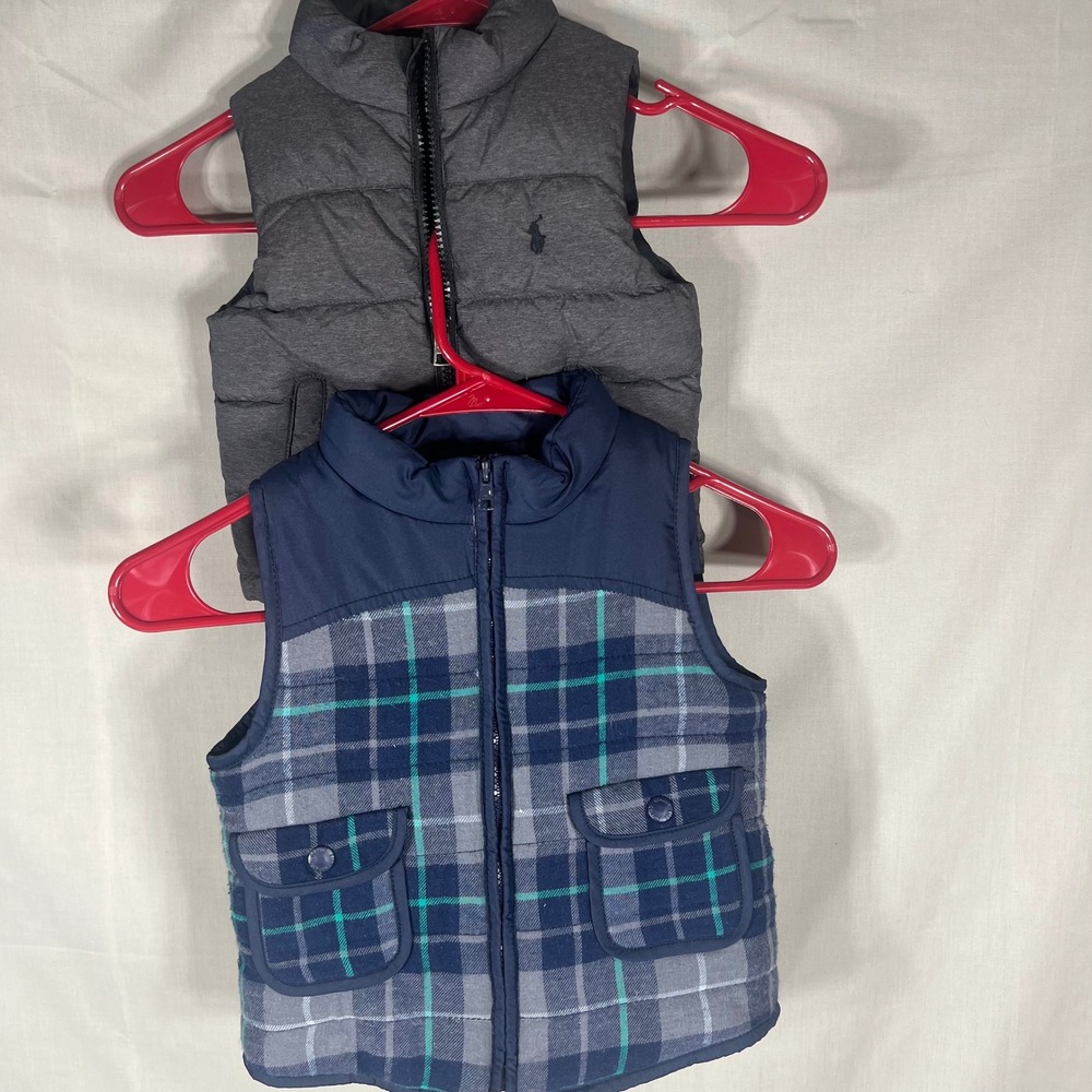 Polo Ralph Lauren &Genuine Kids Puffer Vest Reversible Plaid Grey Blue Boys 3-4T